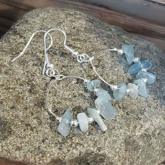 Handcrafted Baroque Aquamarine Gemstone Sterling Silver Plated Hoop Earrings - Picture 4 of 8